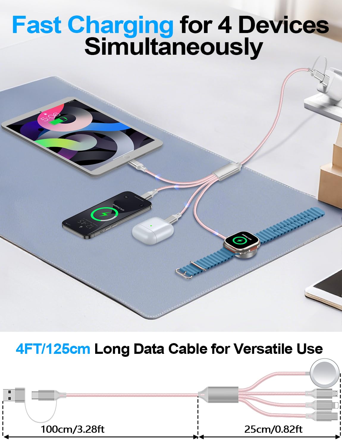 4-in-2 Charging Cable for Apple Watch Charger/Samsung/iPhone Charger,Car/Office/Camping/Travel Essentials,Type C Cable Multi Cord for iWatch Ultra/10-2/iPhone 16-11/Samsung S25-S20,iPad,airPods-Pink
