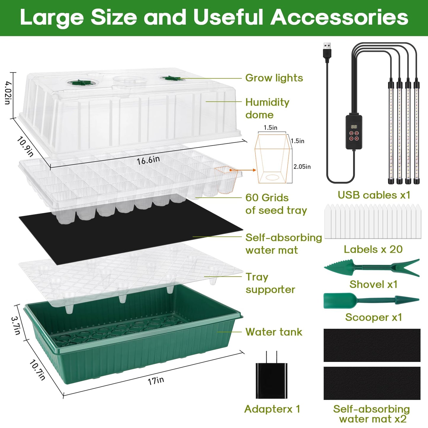 BlumWay 120-Cell Self-Watering Seed Starter Tray with Grow Light, 1-24H Timer, Seed Starter Kit with 4.02" Humidity Dome, Seedling Tray for Indoor Plant Starter, Plant Germination Trays-Green