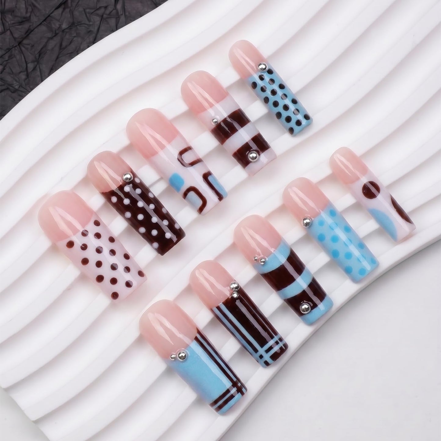 IMSOHOT Square Press on Nails, Long Fake Nails, Blue Geometric Polka Dot 3D Charm Design, 24 Pcs Reusable Glue on Nails for Women, Salon Quality
