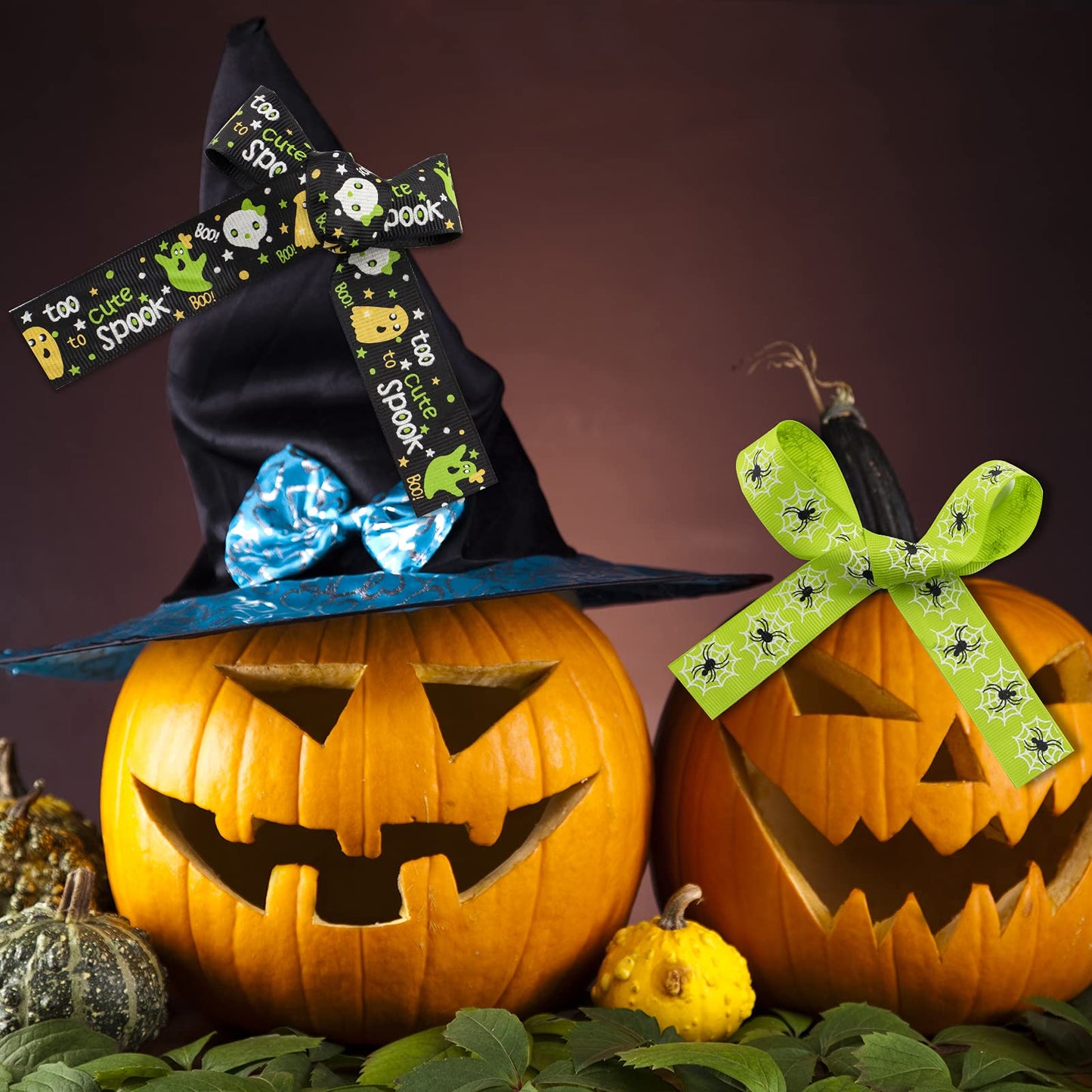 Linsoir Beads 70 Yards Halloween Grosgrain Ribbons Bat Spider Printed Ribbons Witch Hat Skull Pumpkin Ghost Printed Ribbons Assorted Halloween Decorative Wrapping Ribbons for Halloween Home Wreath