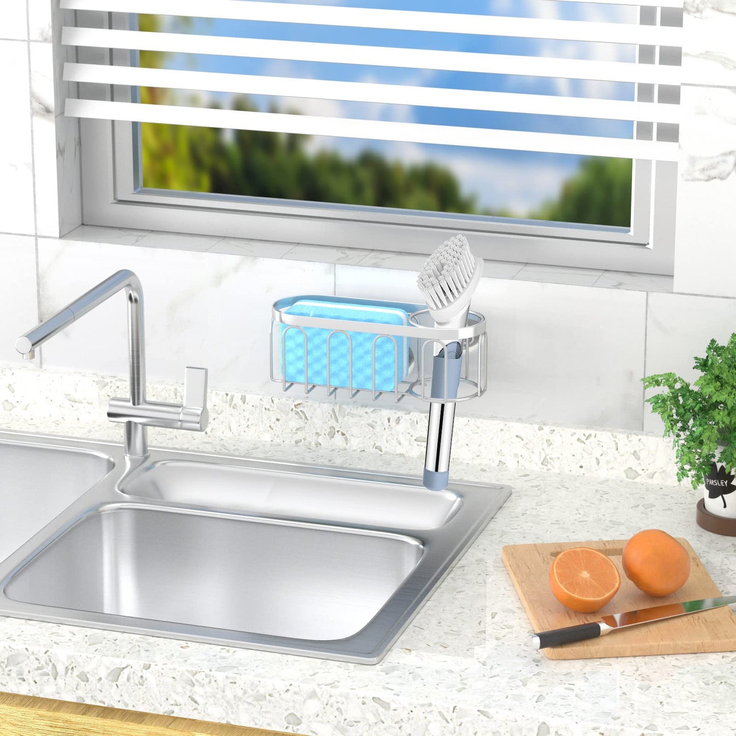 Yazoni 2-in-1 Sponge Holder for Kitchen Sink, Sink Caddy Kitchen Sink Organizer with 3 Suction Cups, No Drill Rustproof Sink Sponge Holder for Dish Brush, Soap & Sponge (Silver)