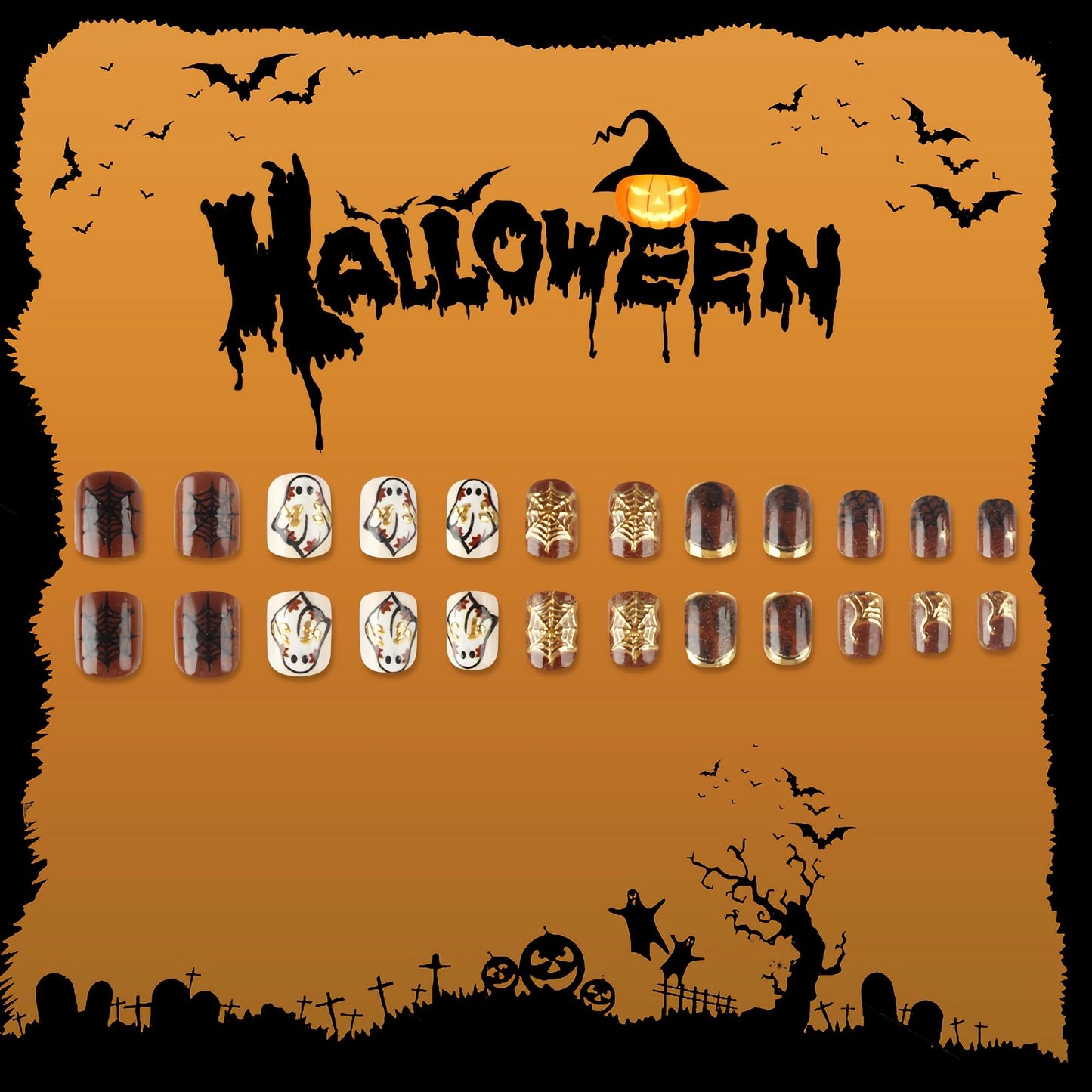 BABALAL Brown Press on Short Artificial Nails 24pcs Acrylic French Tip, Gold Chrome, Fall Tortoise, Horror Ghost Halloween, Square, Spider Web, Gothic, Squoval, Manicure Full Cover