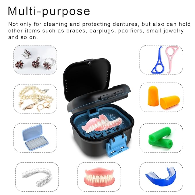 BVN Leakproof Denture Cup, Upgraded Carrying Storage, Denture Bath Box with Filter, Denture Cup for Soaking Dentures, Travel Retainer Cleaning Case (Black+Blue).