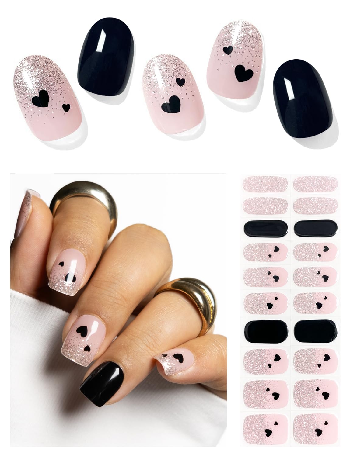 AutyaMee Semi Cured Gel Nail Strips (Black Love Heart), 20 Pcs Gel Nail Wraps, Stickers, UV Light Required, Salon Quality, Long Lasting, Valentines Day Gift