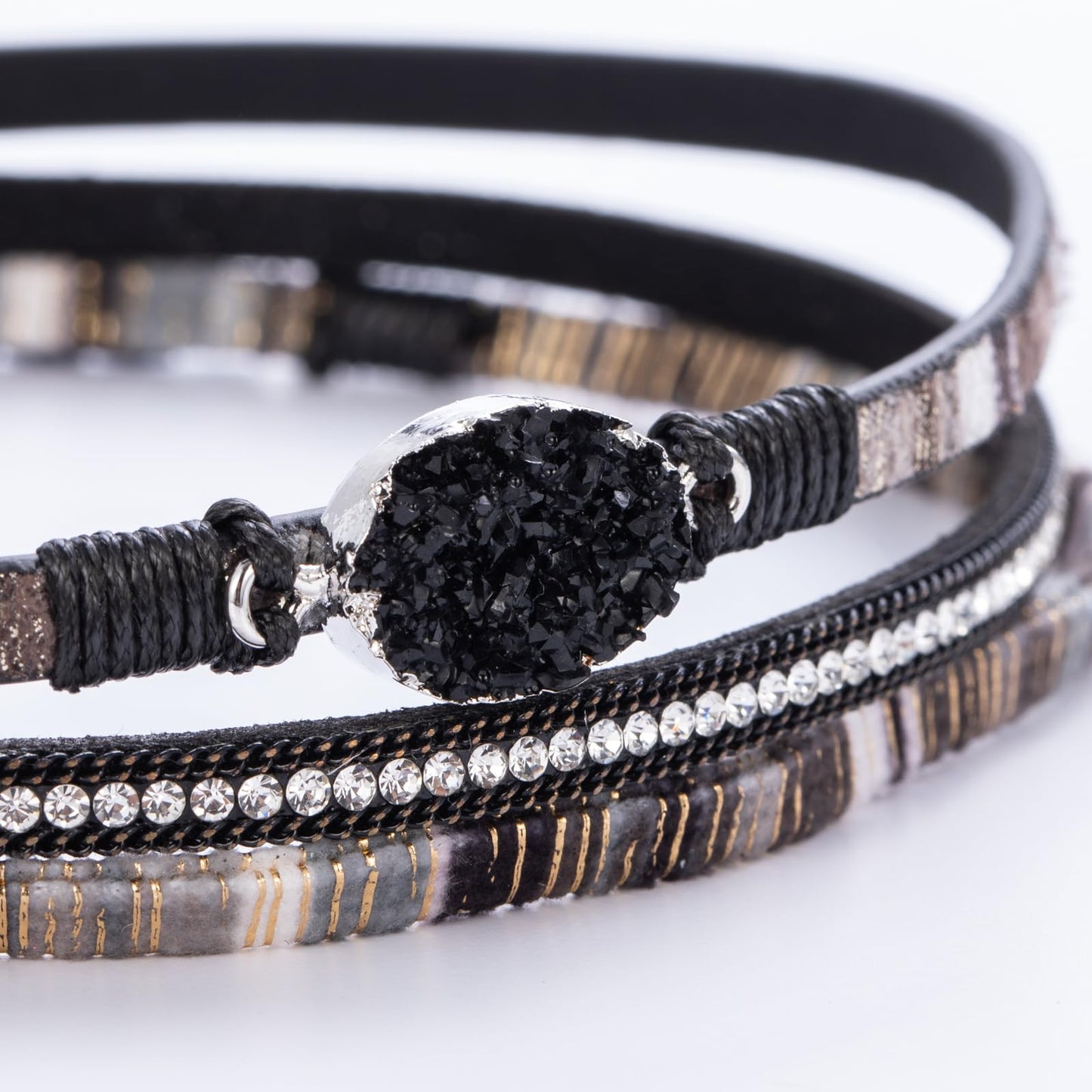 FANCY SHINY Boho Leather Wrap Bracelet Stackable Chunky Crystal Cuff Bracelets with Magnetic Clasp Cowboy Cowgirl Western Summer Beach Outfits Jewelry Gifts for Women (14.7", Boho Black)