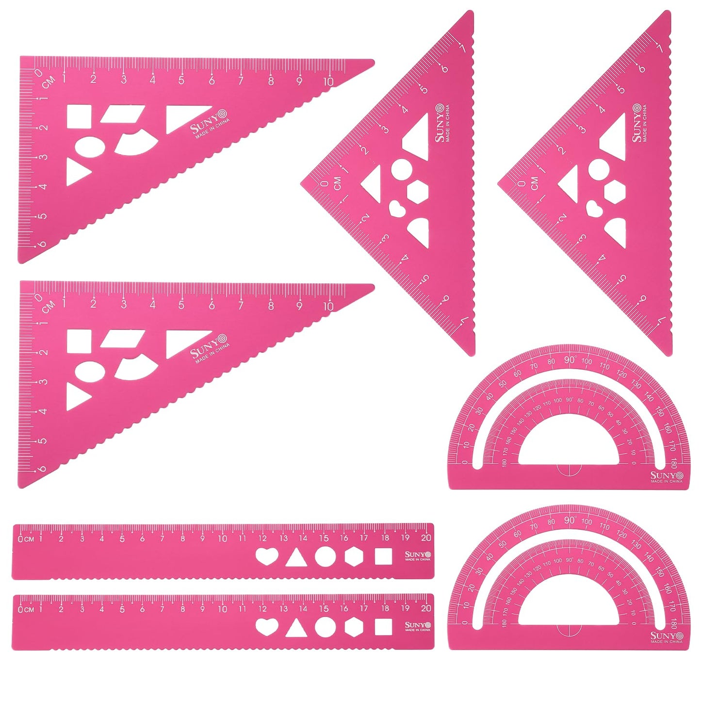 HARFINGTON 8pcs Triangular Ruler Set 20cm Aluminum Alloy Straight Geometric Protractor Triangle Engineering Scale Drafting Ruler Kit Measuring Drawing Tool for Classroom Office Home, Pink