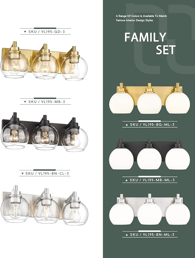METWET Bathroom Light Fixtures, 3-Light Brushed Nickel Vanity Light, Modern Wall Sconces with Milk White Globe Glass Shade, Vanity Lighting Fixtures Over Mirror, VL195-BN-ML-3