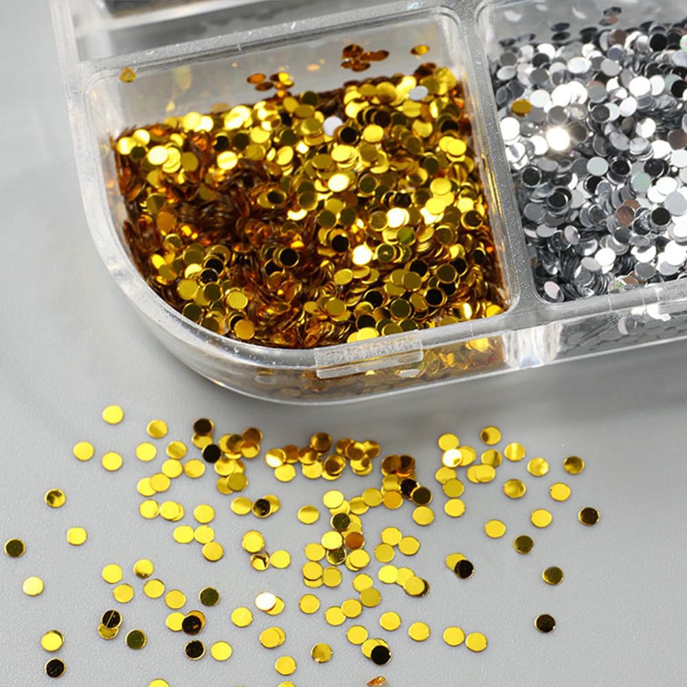 1 Box 6 Grids 3D Laser Mini Polka Dot Nail Sequins 1mm Tiny Dot Nail Glitter Flakes Black White Gold Silver Round Dots Paillettes Nails Charms Shiny Glitter for Nails Sequins for Crafts Manicure Decor