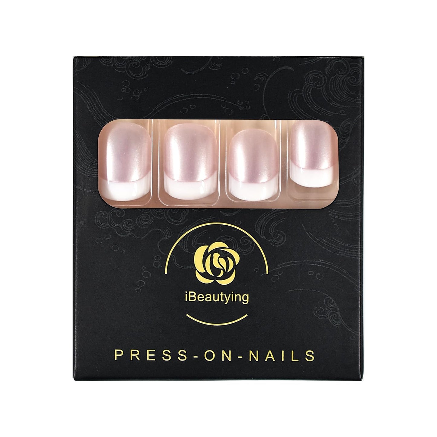 iBeautying Press on Nails - Pearl Shine Pink French False Nails | UV Full Cover Finish Short White Round Shape Reusable Fake Nails in 10 Sizes - 24 Nail Kit with Jelly Glue Pad