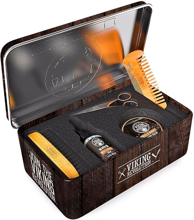Viking Revolution - Ultimate Beard Kit Coffee and Whiskey - Beard Grooming Kit for Men with Beard Brush, Beard Comb, Beard Balm, Beard Oil, Beard and Moustache Scissors - Husband Gifts for Men