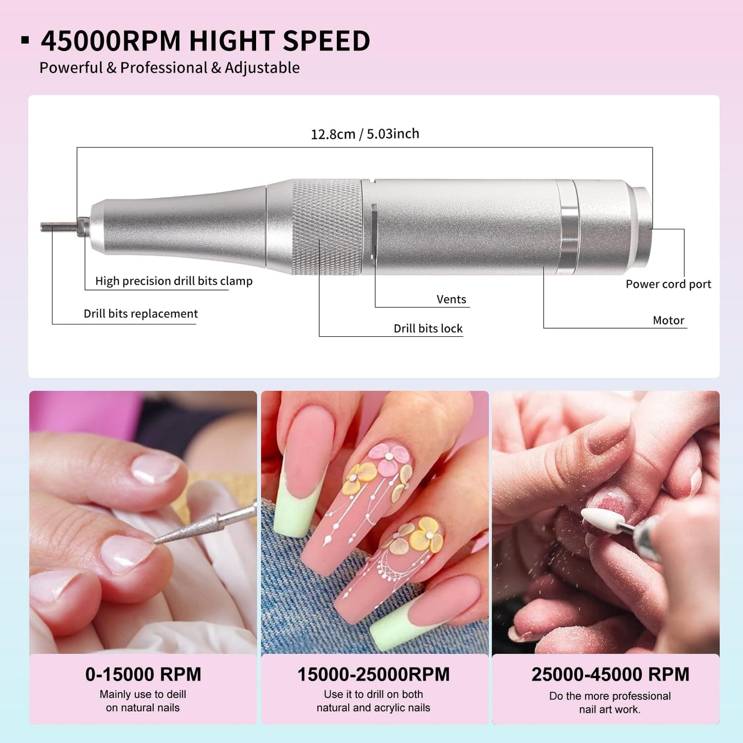 Electric Nail File for Acrylic Nail Kit 45000RPM Electric Black Nail Drill Professional Manicure Pedicure Set with Nail Drill Kit Bits Efile Cordless for Manicure