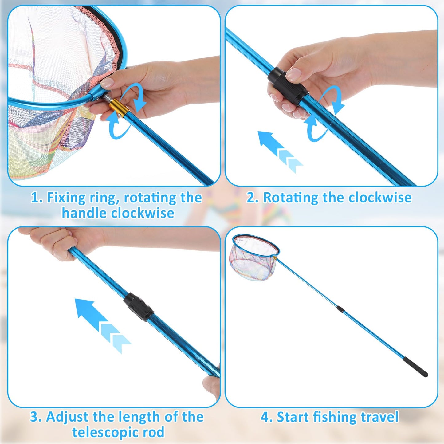 Ferrochef 2-in-1 Set Telescopic Fishing Net and Beach Fish Tank, 30" to 48" Extendable Lightweight Aluminum Pole with Non-Slip Handle for Catching Observing Release, Outdoor Exploration Kit