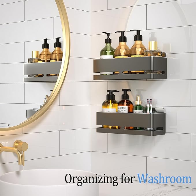 Shower Shelf, 2-Pack, Heavy-Duty Bathroom Storage Shelf, Large Capacity No-Drill Bathroom Organizer, Gray Metal Storage Basket, Adhesive Installation
