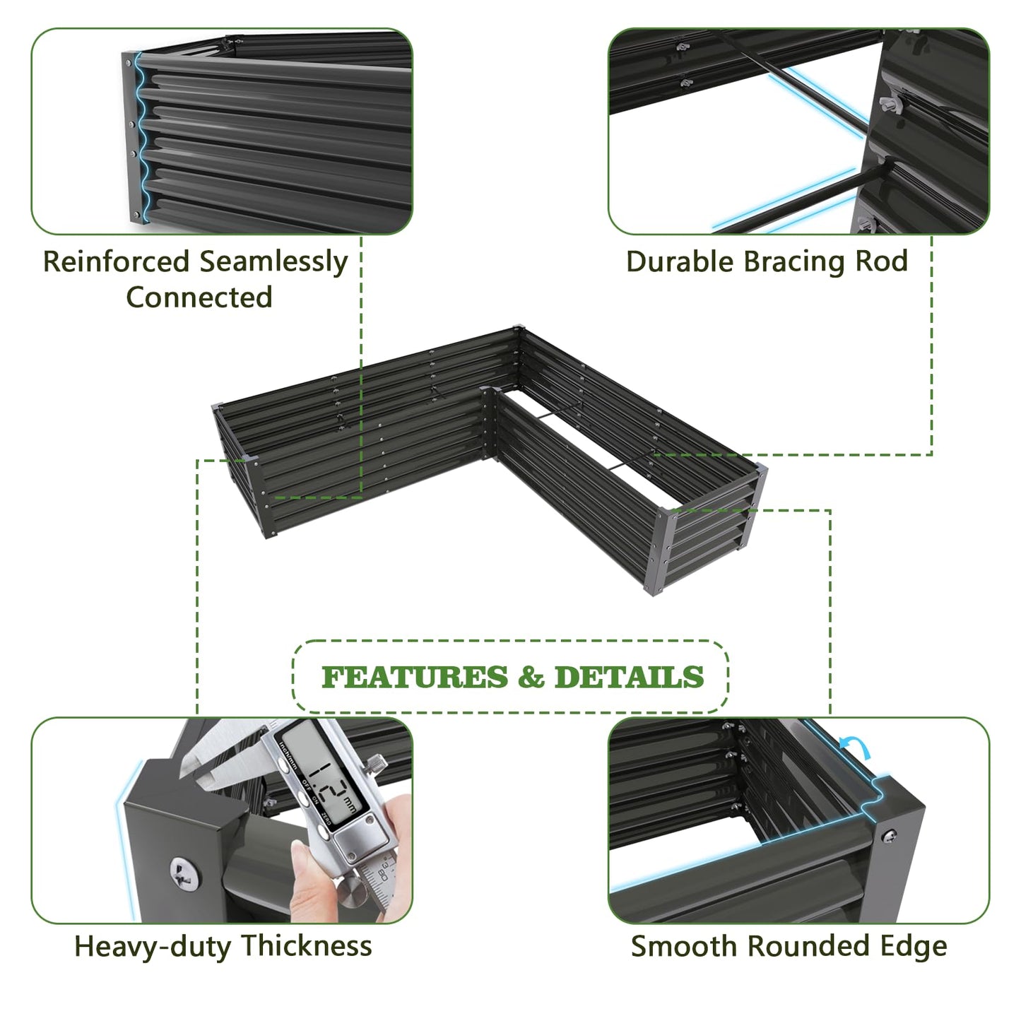 A ANLEOLIFE 2 Set L-Shaped Galvanized Raised Garden Beds Outdoor,74x74x18in Large Metal Planter Box for Planting Vegetables Flowers Herb, Anti-Rust & Easy-Setup, Quartz Grey