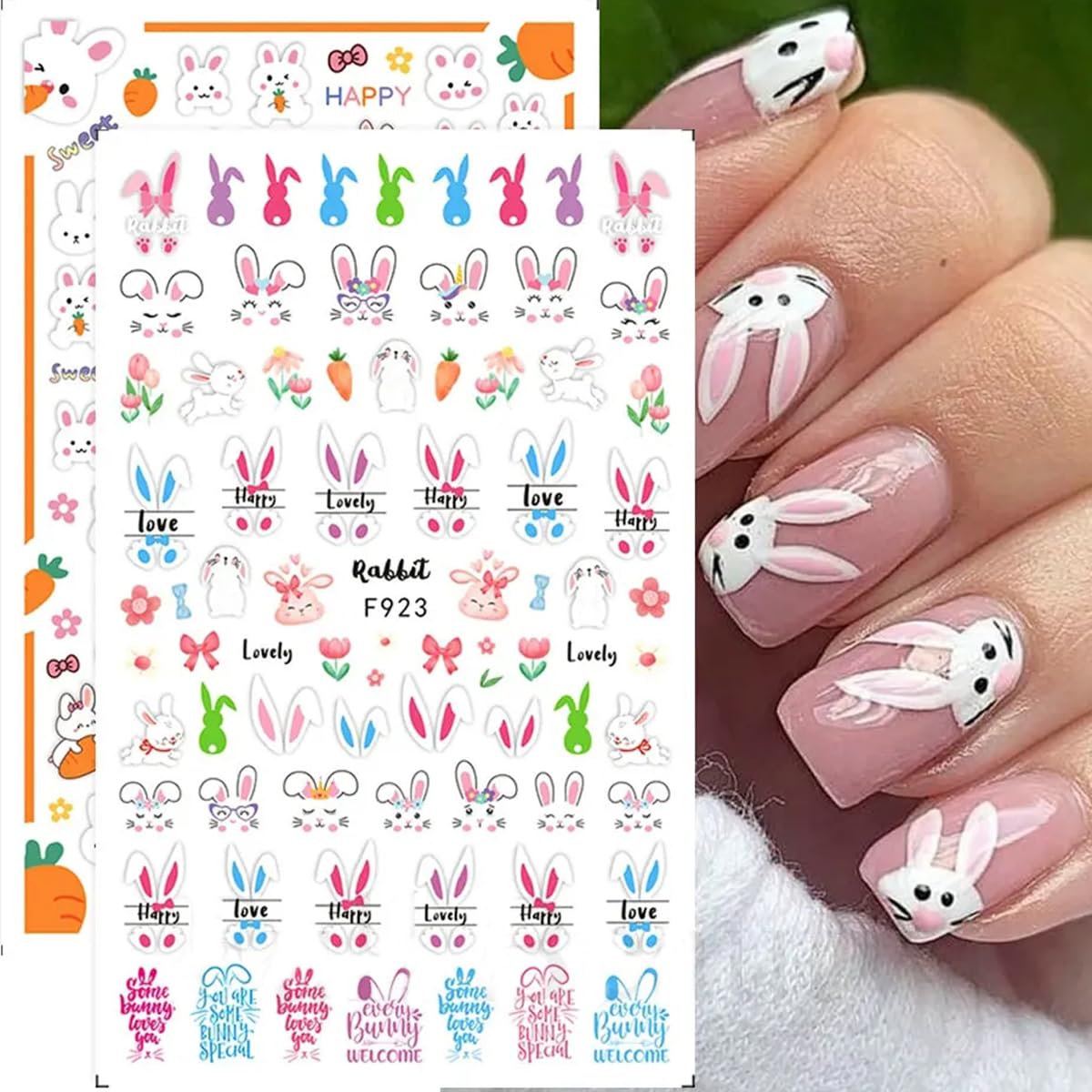8 Sheets Easter Rabbit Nail Art Stickers Decals,3D Self-Adhesive Nail Art Accessories Cartoons, Rabbits, Animals, Hearts, Flowers,Designs Sticker Lovely Retro Rabbit Manicure DIY Nail Decorations