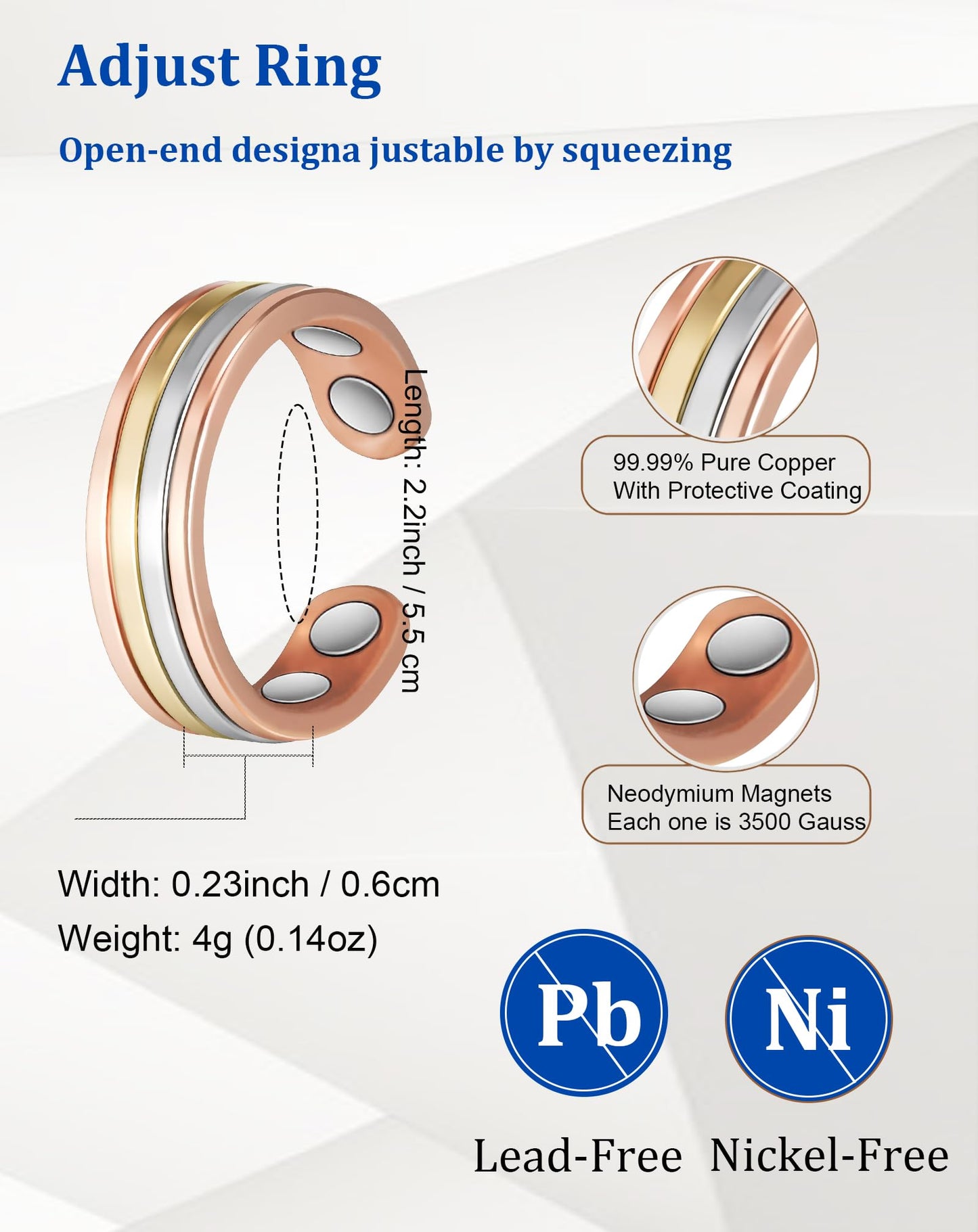 MagSølv Copper Rings for Women, 99% Pure Copper Adjustable Magnetic Ring with 4 Magnets, Two-Tone Gold Jewelry