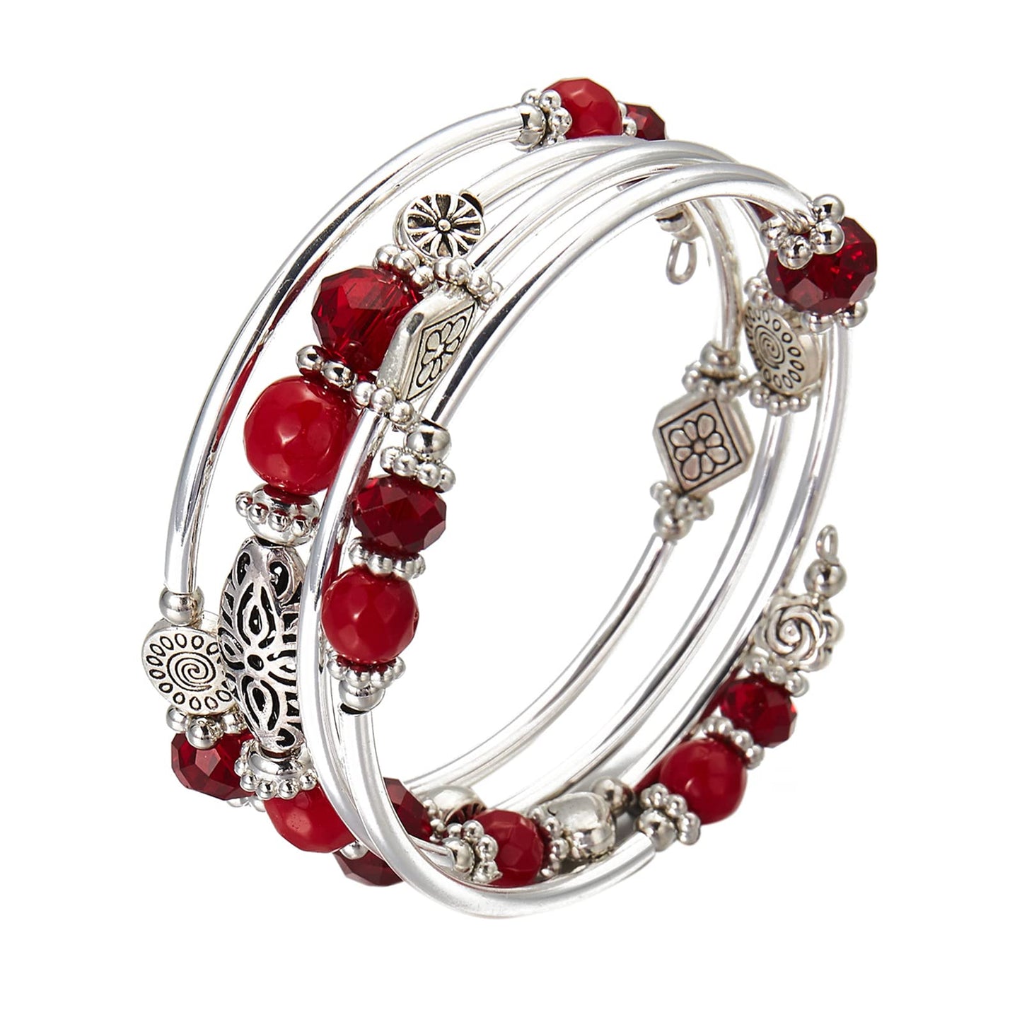 FULU AUTUMN Stackable Beaded Bracelets for Women Boho Wrap Silver Bracelet Layered Fashion Jewelry Gifts for Her(Red)