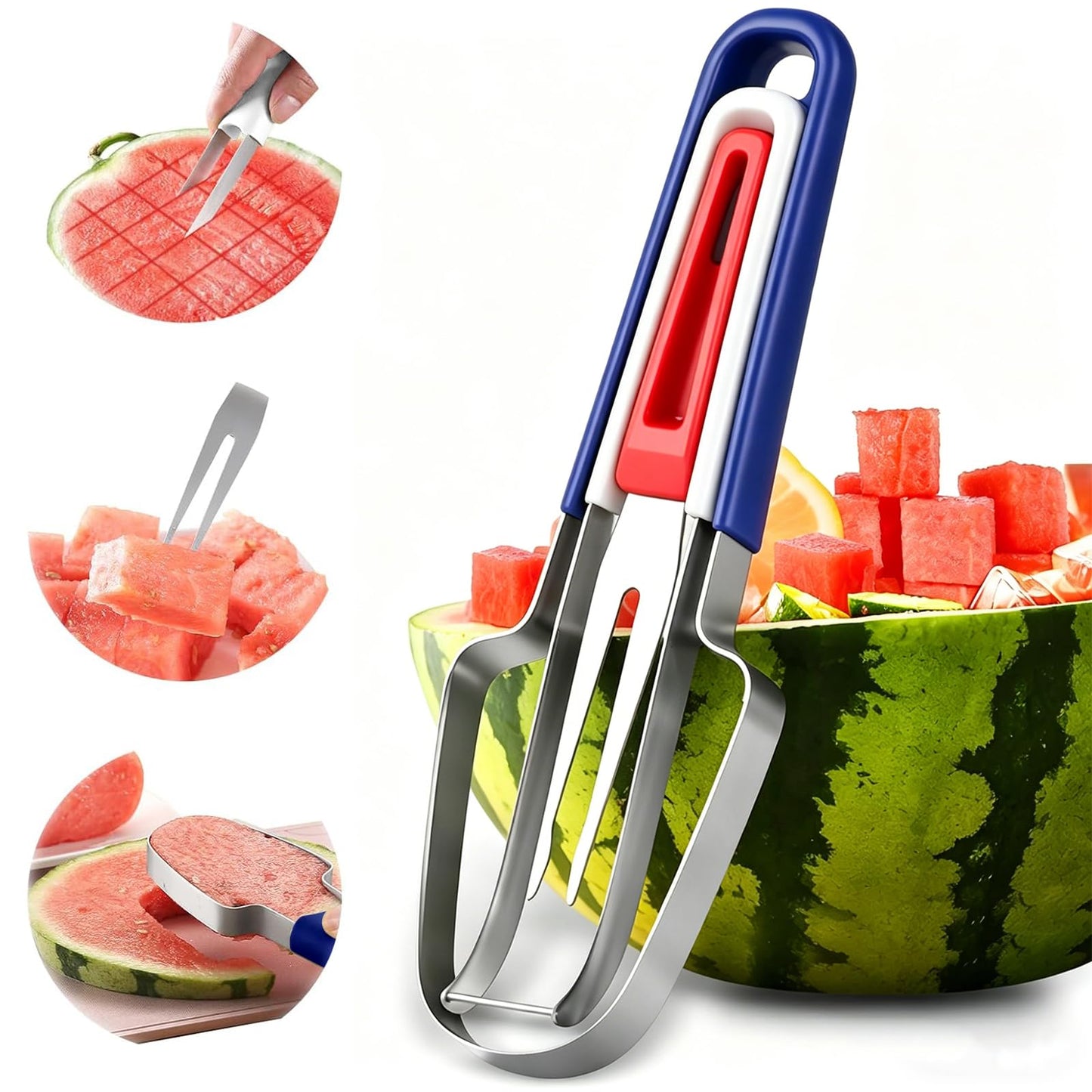 Watermelon Cutter 3-in-1 Fork Slicer & Popsicle Maker, Patriotic Red White Blue Fruit Cutter Tool, Multi Melon Slicer for Summer, Camping & Independence Day Kitchen Use (Red White Blue)