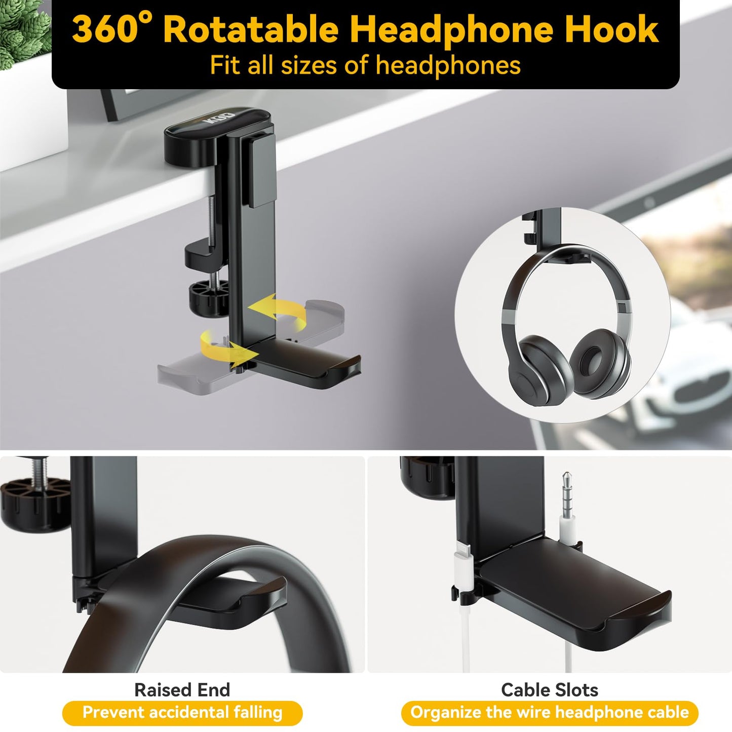 KDD 4 in 1 Desk Cup Holder - Clamp on Under Desk Headphone Hanger - Rotating Headphone Holder Detachable Pen Cup Holder Desktop Storage for Cup, Phone and Pen(Black)