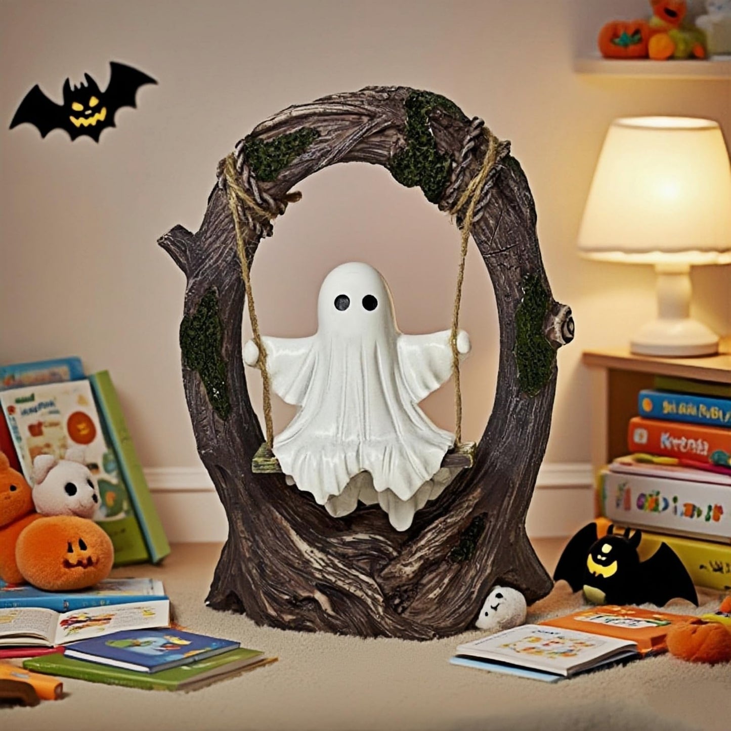 T Starlight Bright Q Swinging Ghost on Tree Swing, Cute Swinging Ghost Halloween Figurine Indoor Decoration, Desktop & Bookshelf Decor, Outdoor Courtyard Garden Decoration, Halloween Ghost Gift