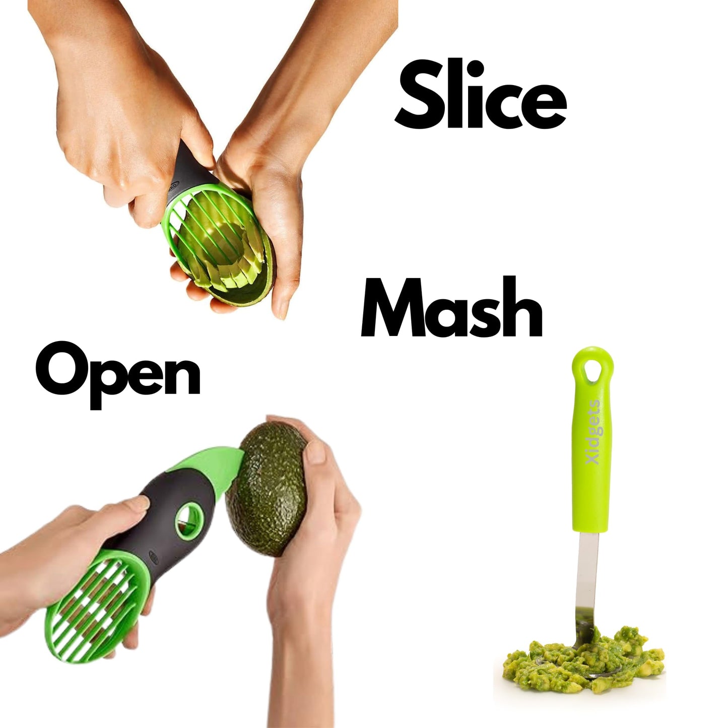 2pc Avocado Tool Set in Box - 3-in-1 Avocado Slicer with Cutter & Pit Remover + Mini Masher - Kitchen Utensil Gift Set for Guacamole Lovers by Xidgets (Zippy Green/Zippy Green)