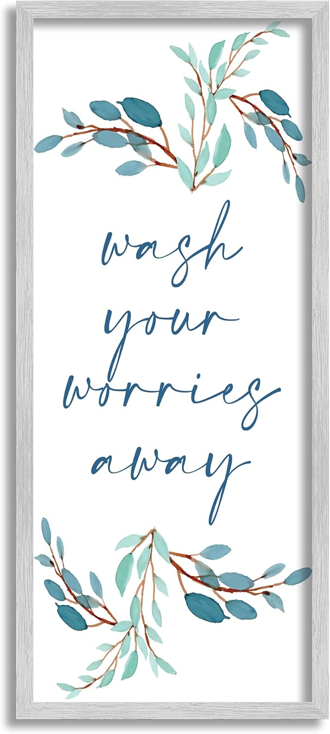 Stupell Industries Wash Your Worries Away Bathroom Phrase Blue Plants, Designed by Kim Allen Gray Framed Wall Art, 13 x 30