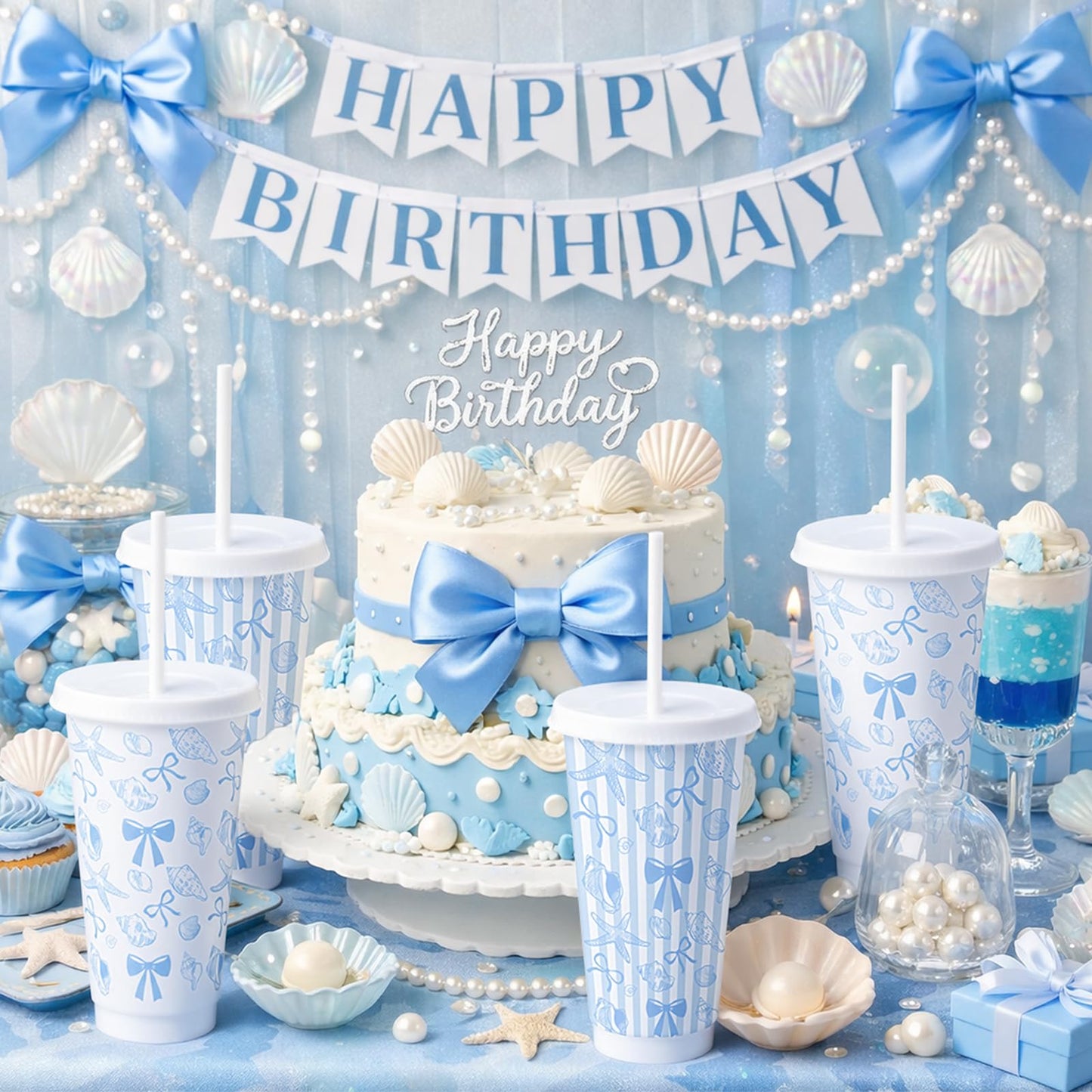 Pickmesh 12 Pcs 24 oz Coastal Blue Bow Plastic Cups with Lids and Straws Bulk Coastal Ocean Party Decoration Supply Blue Shell Reusable Tumbler for Birthday Wedding Baby Shower Party