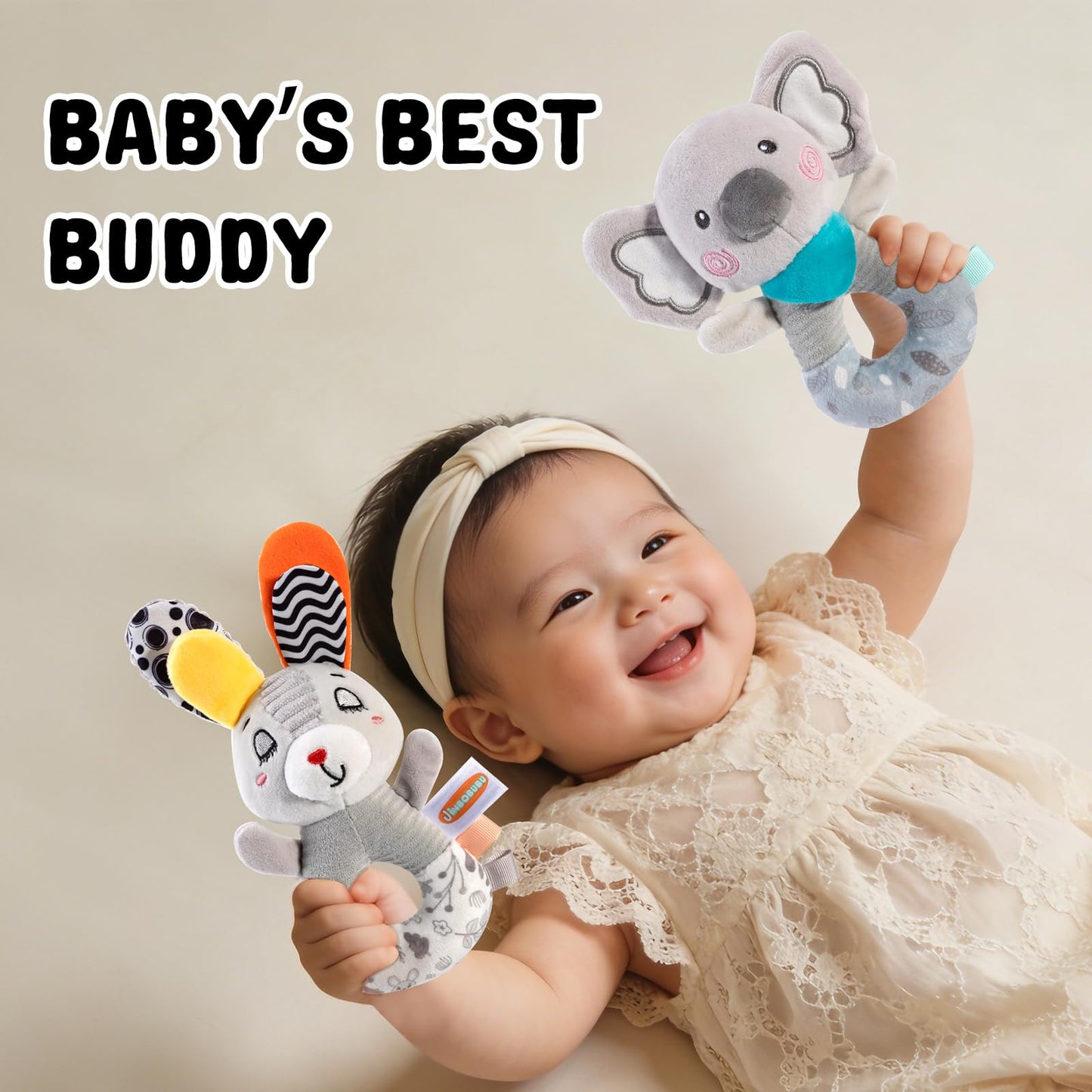 Sensory Shaker Rattle for Babies 0-6 Months, Infant Developmental Toys with High Contrast Patterns, Soft Plush Rabbit & Textured Ring for Auditory Visual Tactile Learning