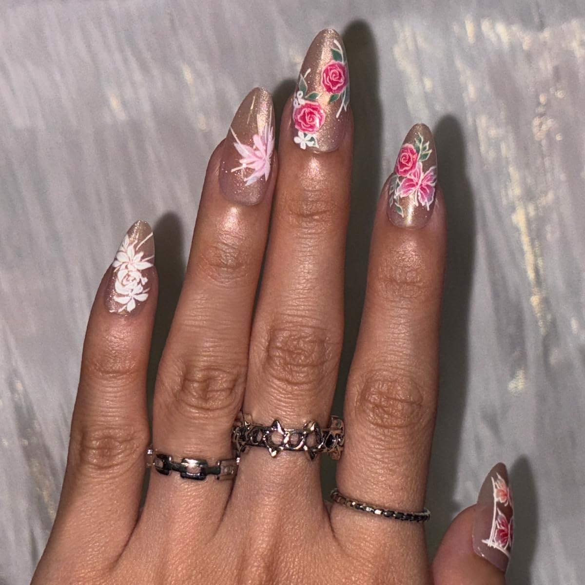 Spring Press on False Nails Gold Cat Eye Fake Nails Medium Almond Glue on Nails with Pink Flower Butterfly Designs Press ons Glossy Stick on Nail for Women Manicure 24Pcs