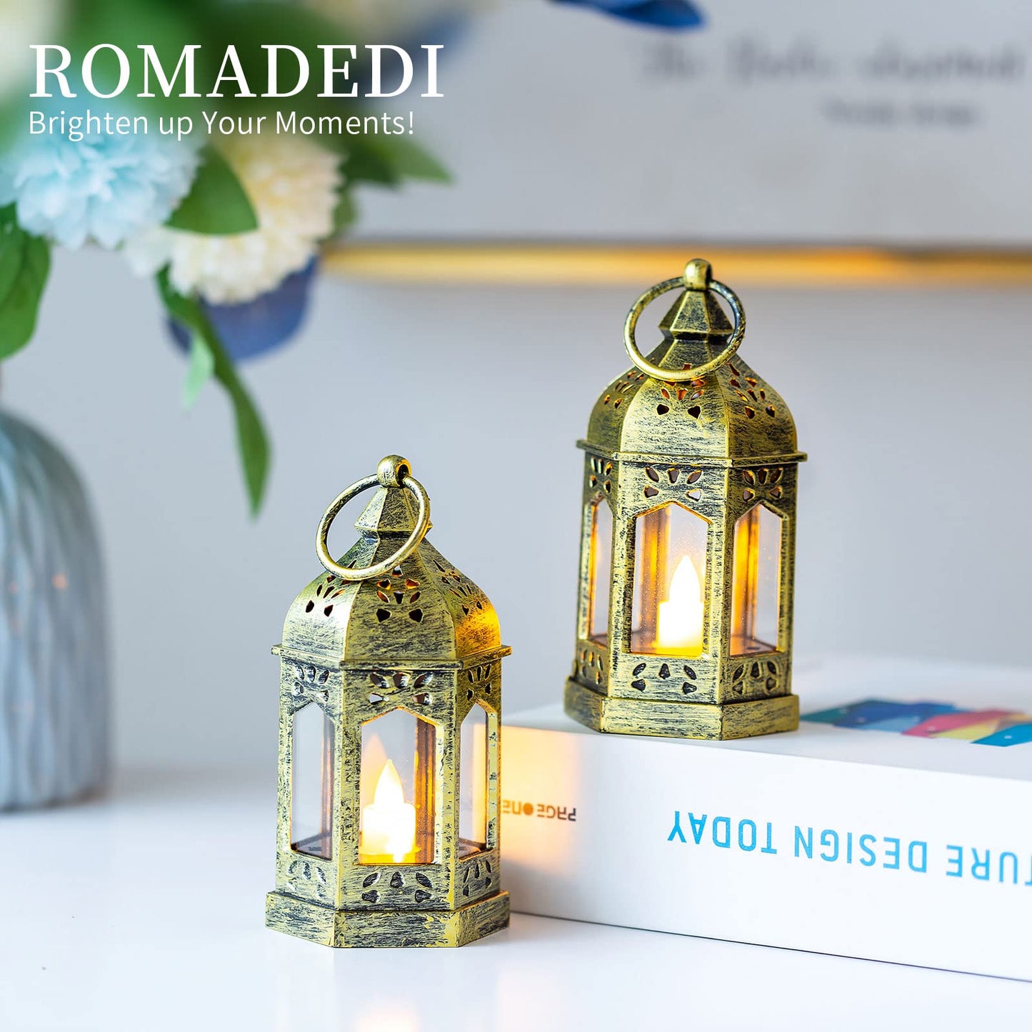 Mini Lanterns Decorative for Wedding Centerpiece - 20 Pcs Romadedi Hanging Small Gold Lantern Bulk with Flickering LED Candles for Halloween Decorations, Christmas Table Decor, Batteries Included