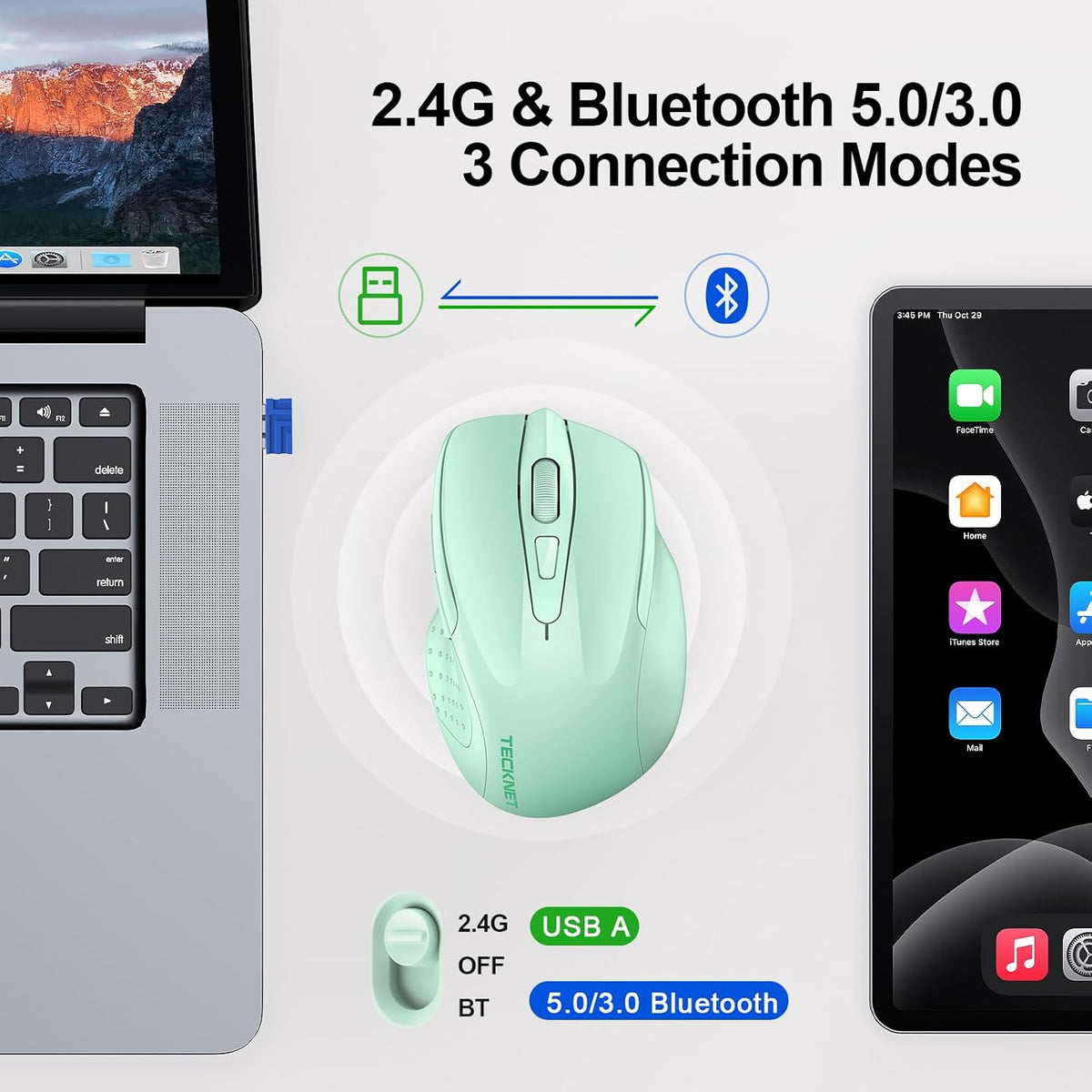 TECKNET Wireless Mouse (2.4G & BT5.0/3.0) Silent 4800 DPI Computer USB A & Bluetooth Mouse 6 Buttons, Wide Compatibility - Green
