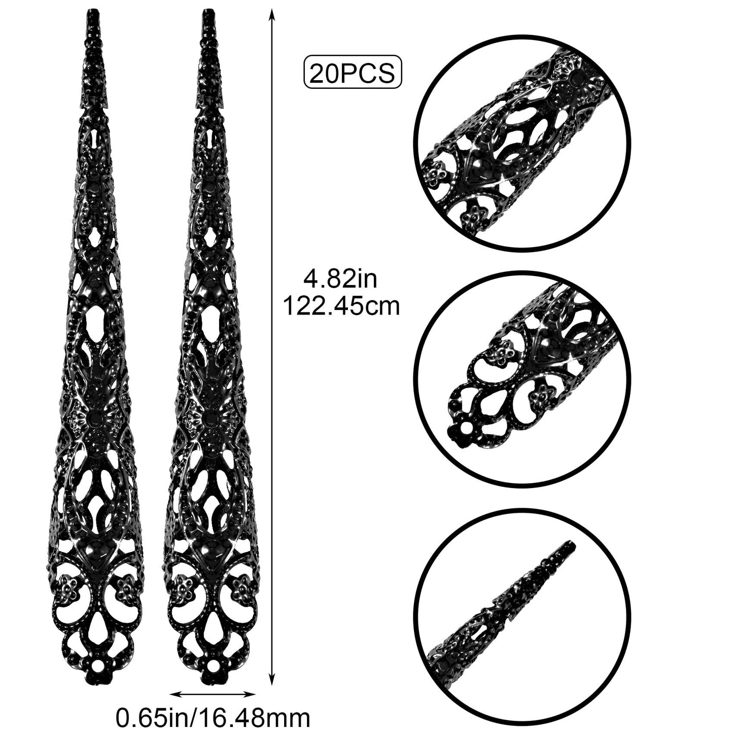 ANCIRS 20 Pack Finger Nail Tip Claw Rings, Ancient Queen Costume Fingertip Claw Nail Rings Decoration Accessory, Finger Knuckle Protectors for Halloween Cosplay Drama Dance Show- Black