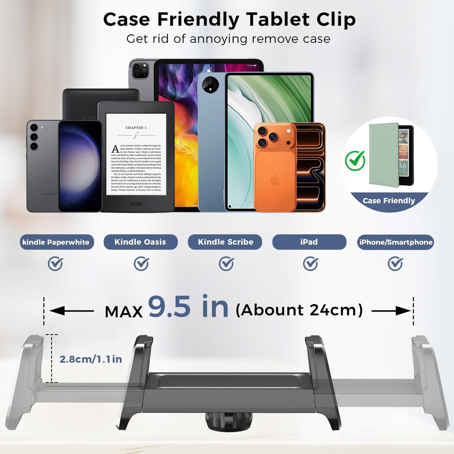 [Case-Friendly] Long Tablet Stand for Kindle with Page Turner Ring Remote, Gooseneck Holder for Reading in Bed with Clicker, eReader Accessories Gift for Readers Compatible with iPad iPhone Fire HD