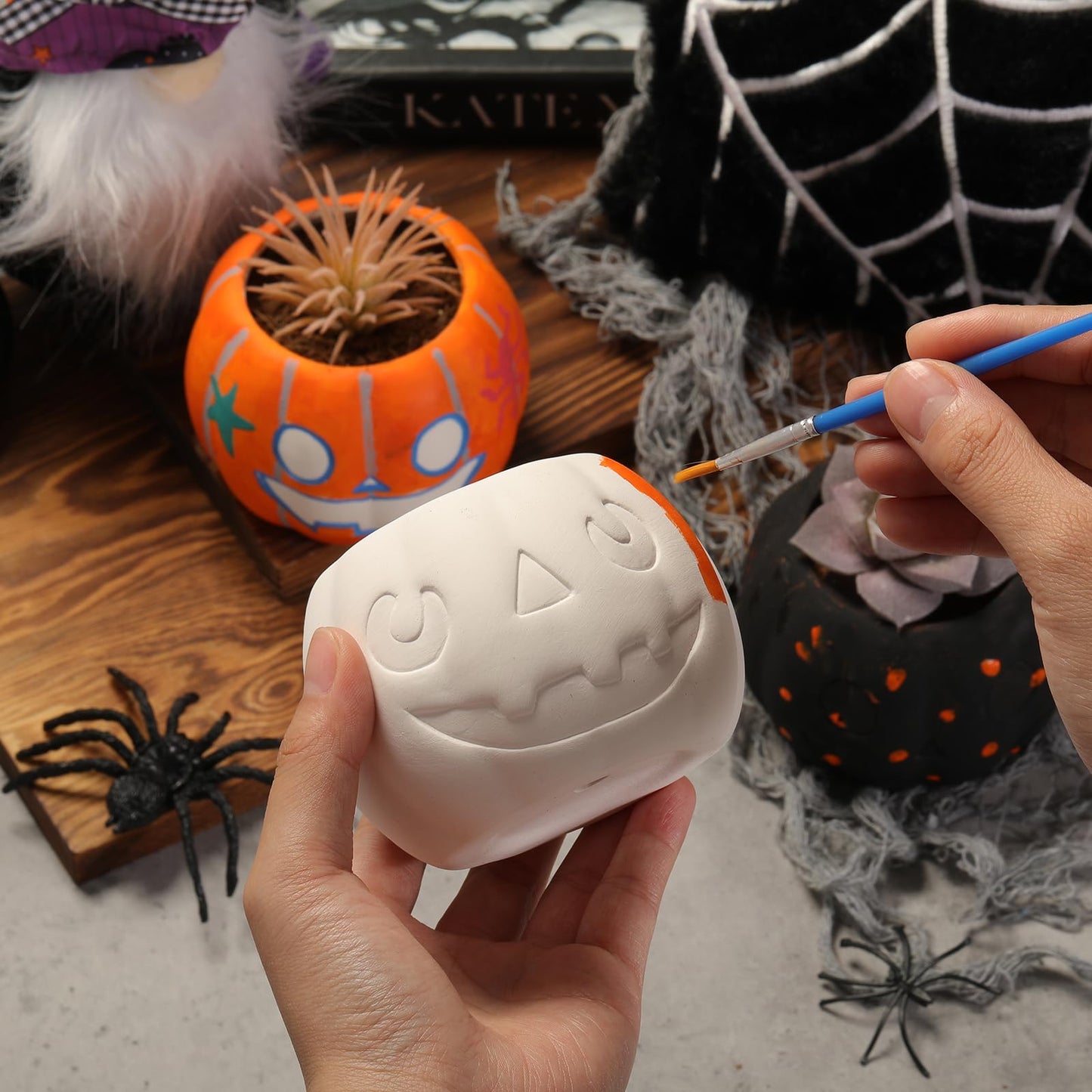 Suzile 6 Pack Halloween DIY Ceramic Craft Devil Pumpkin Succulent Pots with Drainage 3.5 Inch Unpainted Small Pumpkin Ceramic Planter Kit Halloween Decor Craft Activity Gift (Plants Not Included)