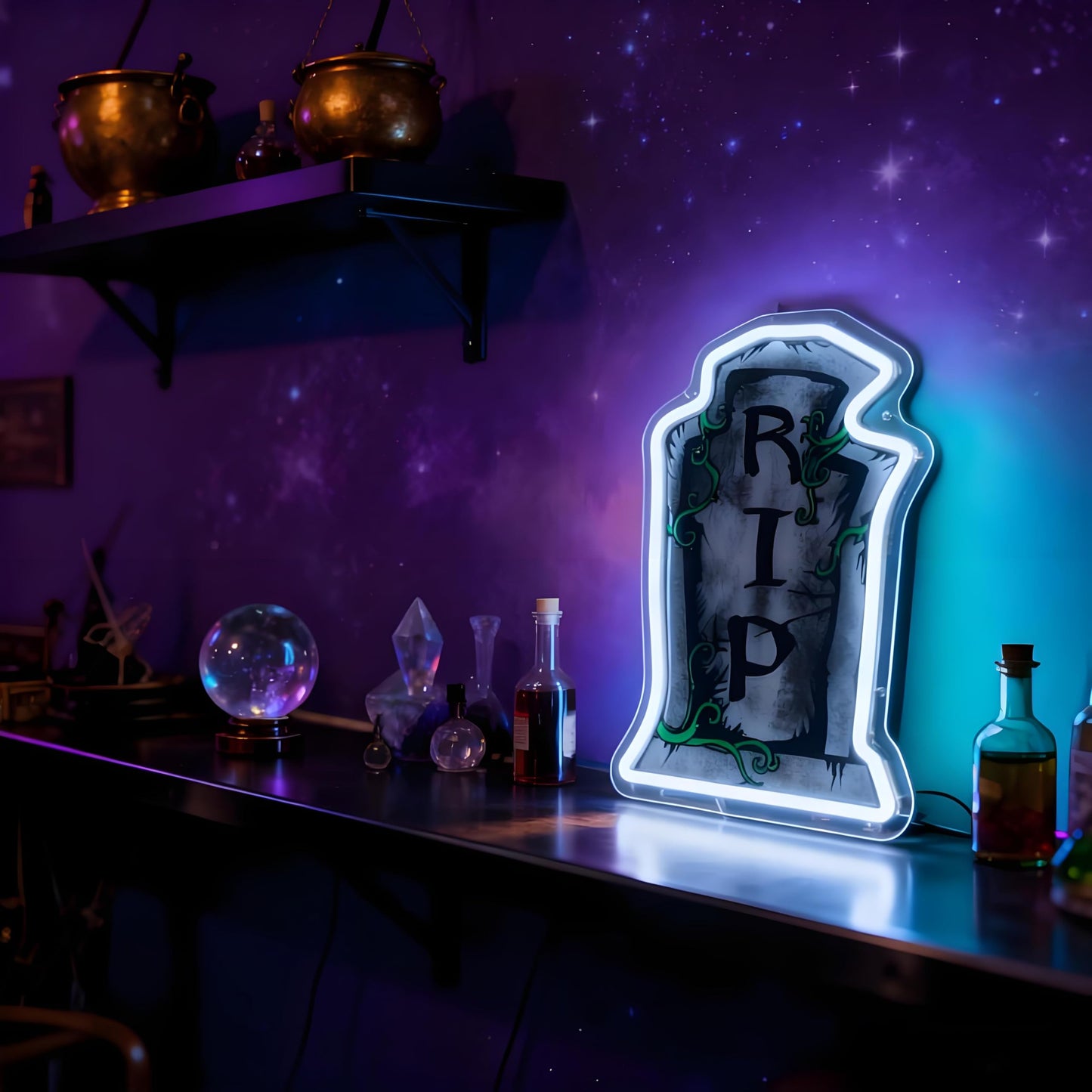 RIP Tombstone Shape LED Neon Sign - USB Powered Spooky Decor for Haunted House Party Bedroom, Halloween Neon Light Wall Table Accent, 13.97x 9.25 in
