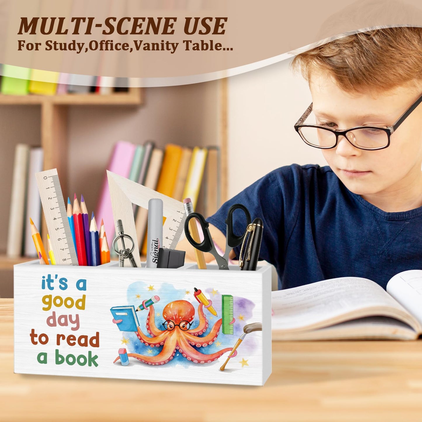 WODMIS Book Lovers Gifts Pen Pencil Holder for Desk, Book Reader Gifts, It's a Good Day to Read a Book Octopus Wooden Box Organizer Decorations for Classroom Reading Room Desk Accessories Tabletop