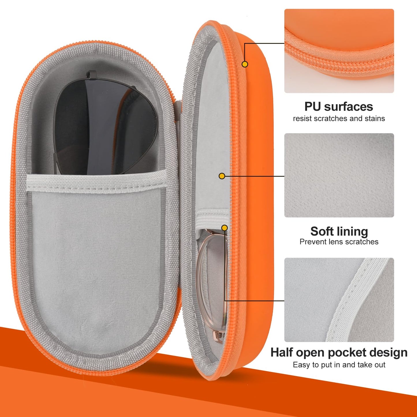 popolov Double Glasses Case,Dual Eyeglasses & Sunglasses Organizer with Clip Zipper Closure for Travel 2 Pairs Storage Box Orange