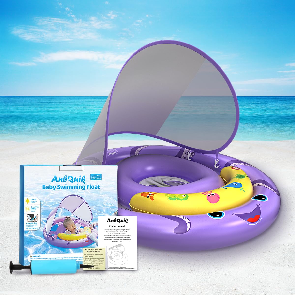 AnbQuik Baby Pool Float with Removable UPF50+ Sun Protection Canopy, Octopus Baby Swim Floats for 6-24 Months Infant, Extra Wide Dual Design, Adjustable & Breathable Seat