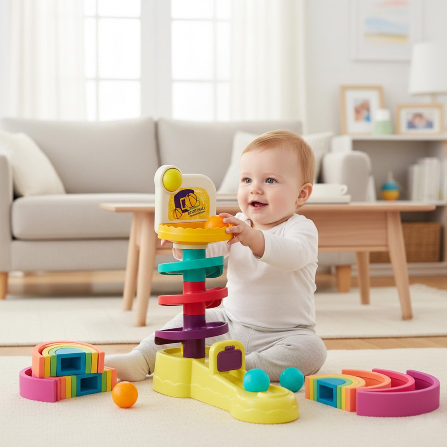 ROHSCE Silicone Rainbow Stacker 7PCS + Montessori Ball Drop Toy, Soft Nesting Blocks Sensory Stacking Toys, 2-in-1 Educational Set for Creative Play & Learning, Babies & Toddlers