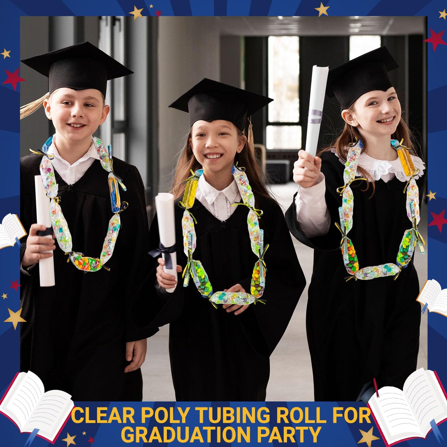 Candy Lei Poly Tubing, 2 Inch x 1000 ft Clear Graduation Candy Lei Making Kit with 2 Rolls 500 YD Ribbon, Clear Shipping Poly Tubing for DIY Graduation Wreaths Packing Snacks