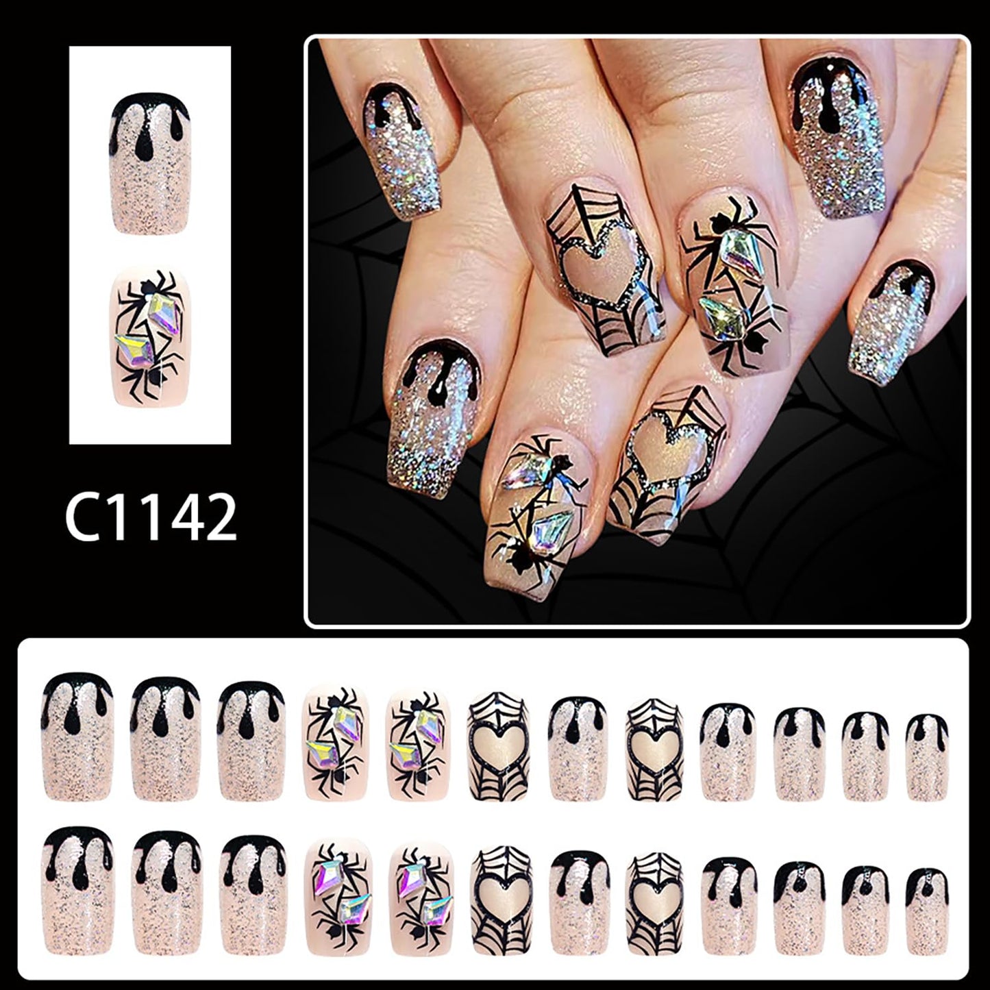 Halloween Press on Nails Medium Square Glitter Powder Heart Spider Web False Nail Acrylic Artificial Fingernails Spider with Rhinestones Design Full Cover Festival Stick on Nails for Women Supplies