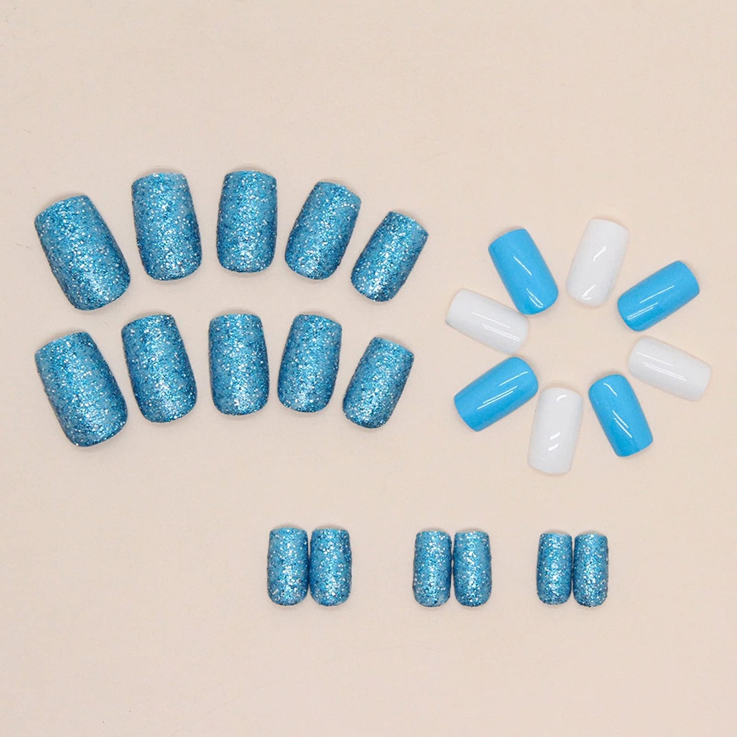 MISUD Press on Nails - Short Square Glue on Nails with Summer Blue, Acrylic Bling Glitter Design 24 pcs