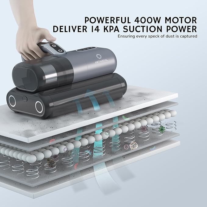 AIRTHEREAL M1 Mattress Vacuum Cleaner, 6 in 1 Bed Vacuum with High-Frequency Vibration - 80,000 RPM Dual Brushroll Rotation, UV-C Light, 14Kpa Suction, Dust Sensor, Ultrasonic and Heating Tech