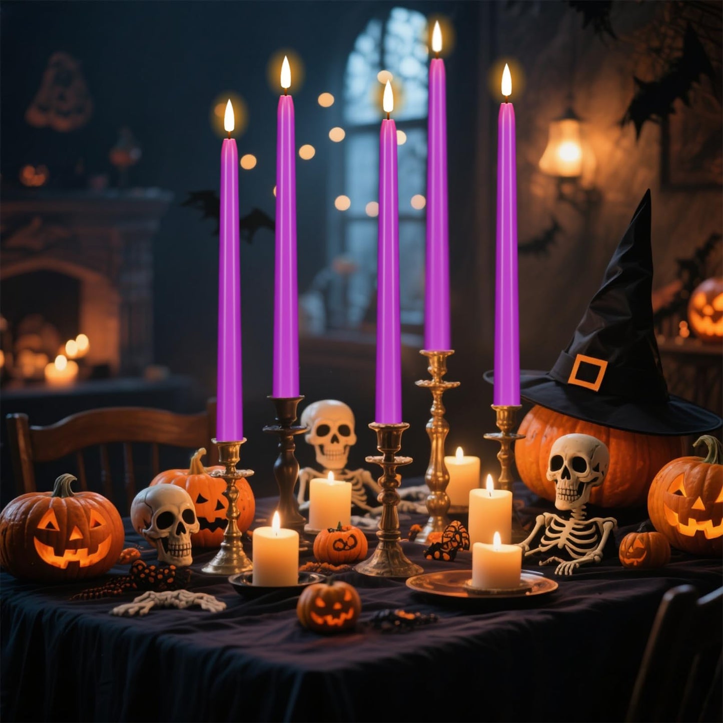 Wondise Halloween Flameless Taper Candles with Remote & Timer, 4 Pack Purple Battery Operated LED Candles with 3D Wick Flickering for Halloween Decorations Gift