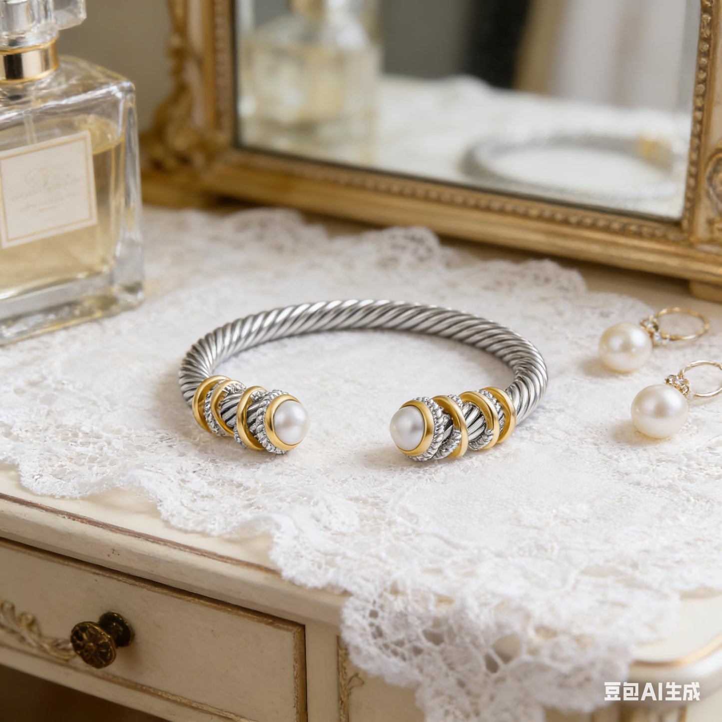 Decpro Antique Twisted Cable Bracelet with Composite Shell Pearl Inlay Alloy Cuff Bracelet for Women