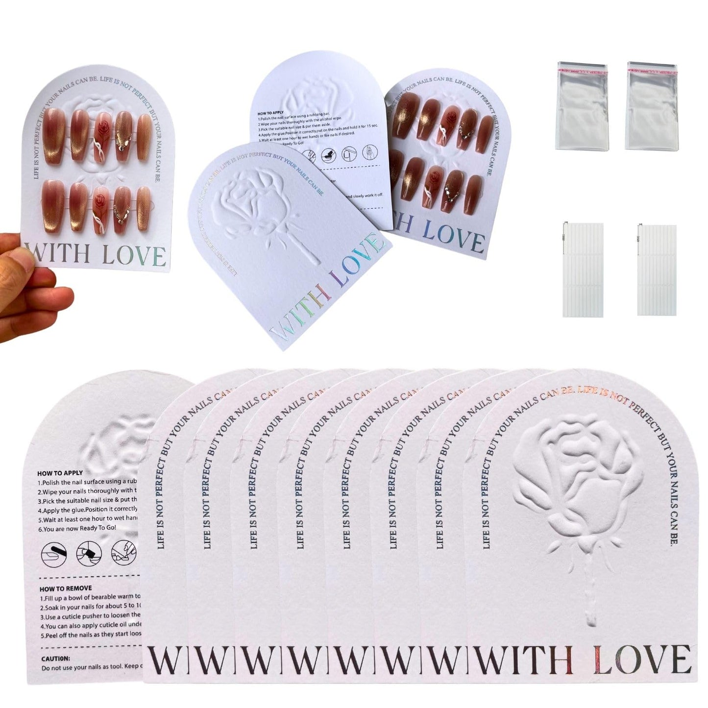 Press On Nails Packaging Kit Holographic Display Cards Storage Bag Nail Tech Must Haves Nail Artist Supply Essentials For Technicians Salon Studio Manicure Business (White, 3 * 4 in) 50 Set