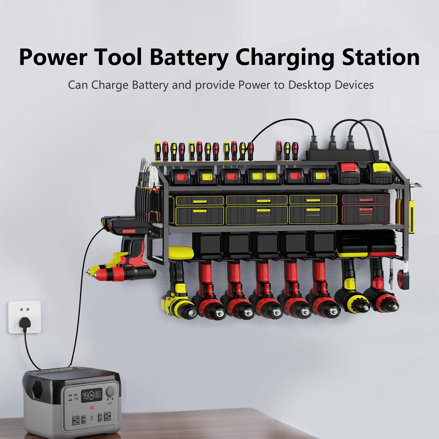 FULOOPHI Power Tool Organizer Wall Mount with Charging Station, 3 Layer Storage Rack and Tool Holder for Garage Organization, 8 Drill Holder Wall Mount and 6 Outlet Power Strip