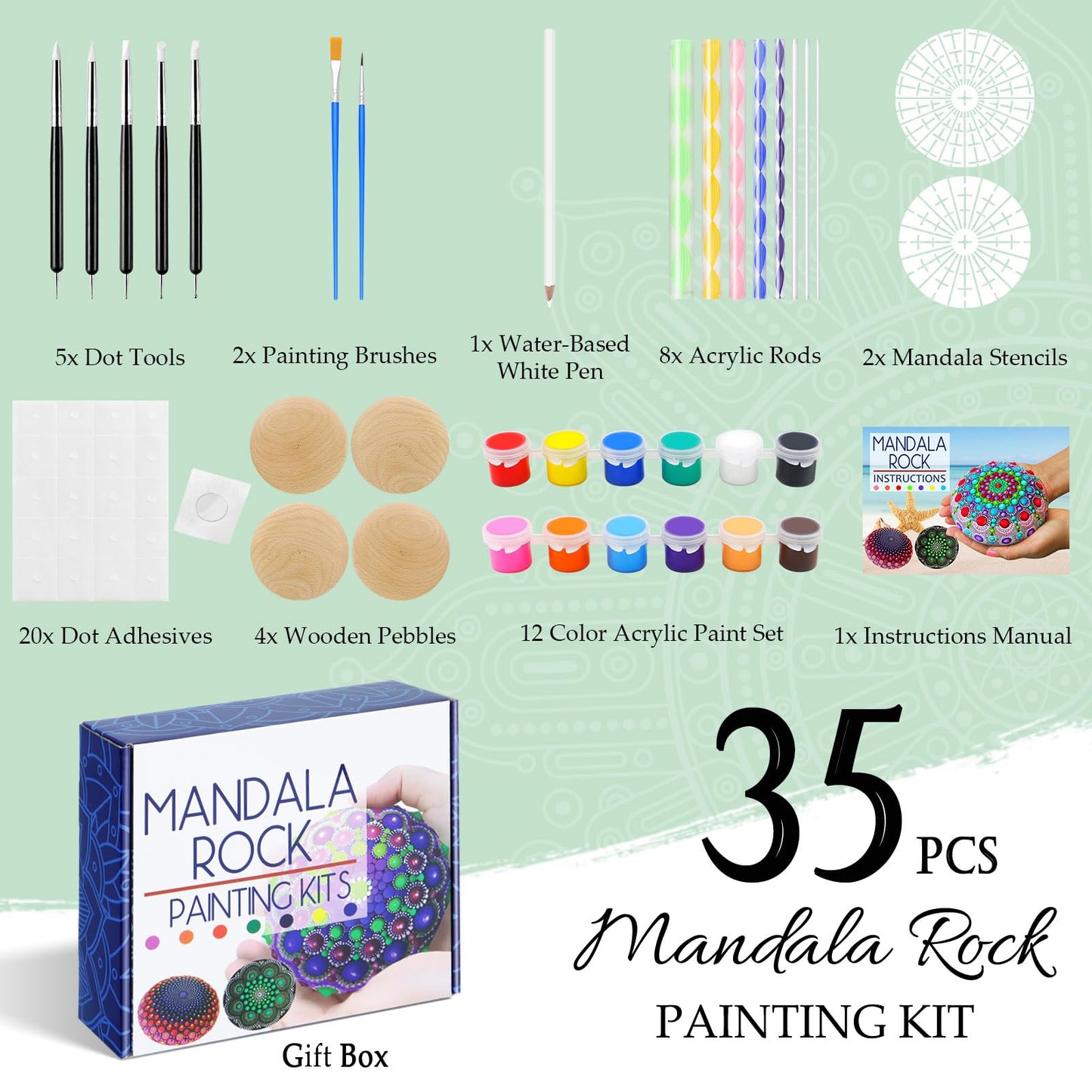 Mandala Rock Painting Arts and Craft Kit for Adults Women - 35 PCS Mandala Dot Art Kit - Large Wooden Rocks with Stencils, Acrylic Paints, Dot Painting Tools - DIY Relaxing and Creative Activity