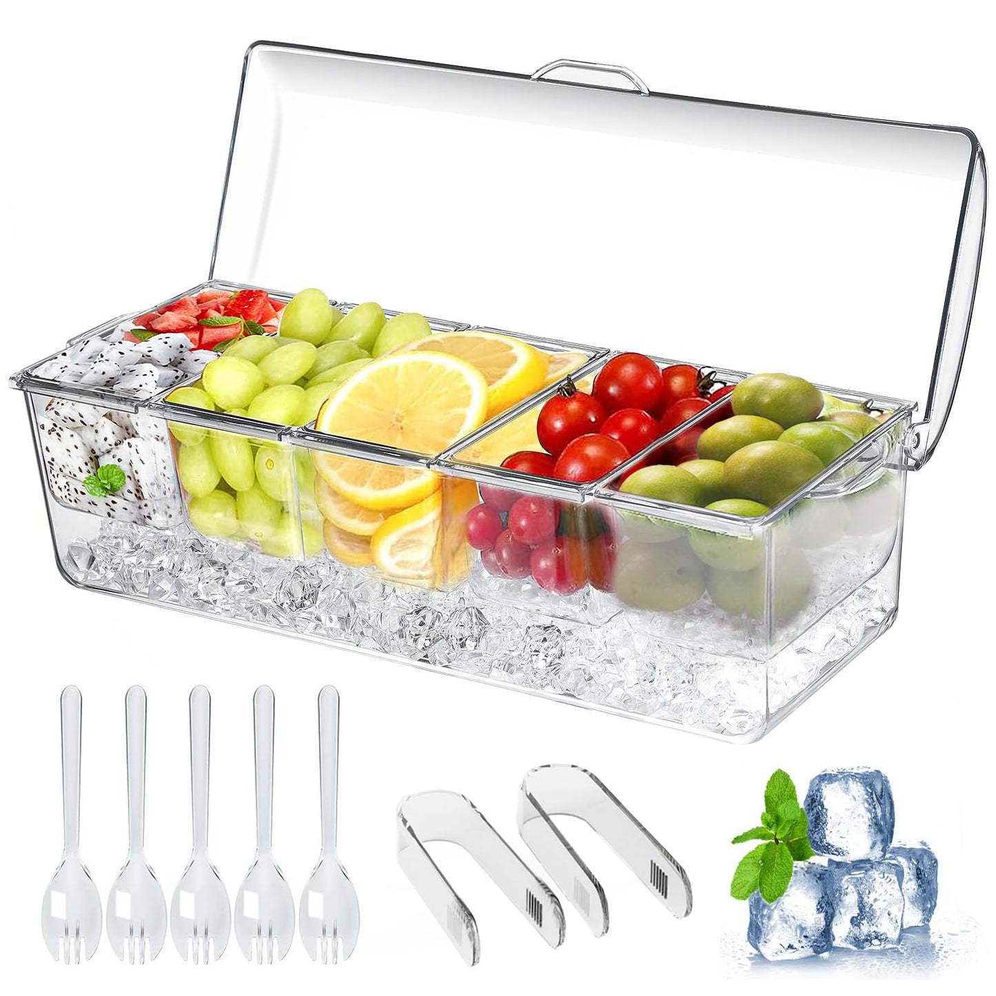 Large Ice Chilled Condiment Caddy，Chilled Condiment Containers Server with Lids for 5 Removable Compartments (2.5 cup)，Serving Platters, Fruit & Garnish Tray for Party Supplies & Bar Accessories