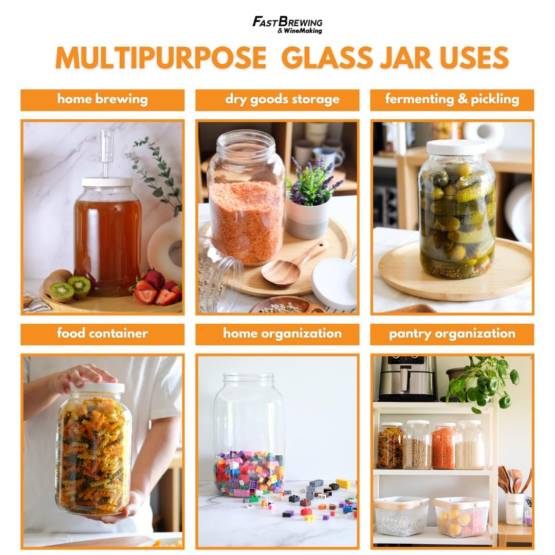 FastRack 1 Gallon Glass Storage Jars with Airtight Lids (Pack of 4) | Wide Mouth Glass Canisters for Food Storage, Fermentation, Pickling & Canning